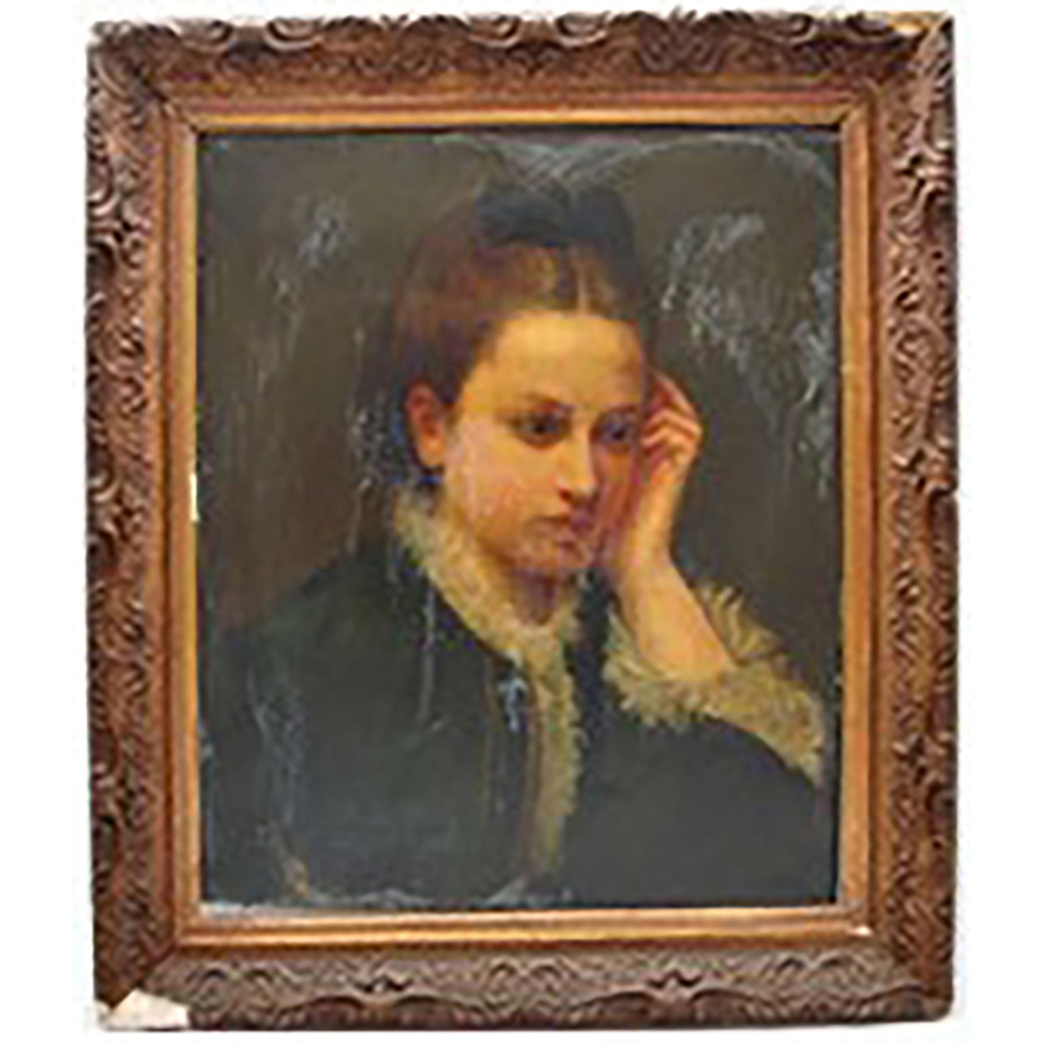 Null 戴黑蝴蝶结的年轻女子画像

布面油画

19世纪晚期。带框架

事故和车架的小损伤。

布面油画，十九世纪末，带框

意外事故和框架上的缺失