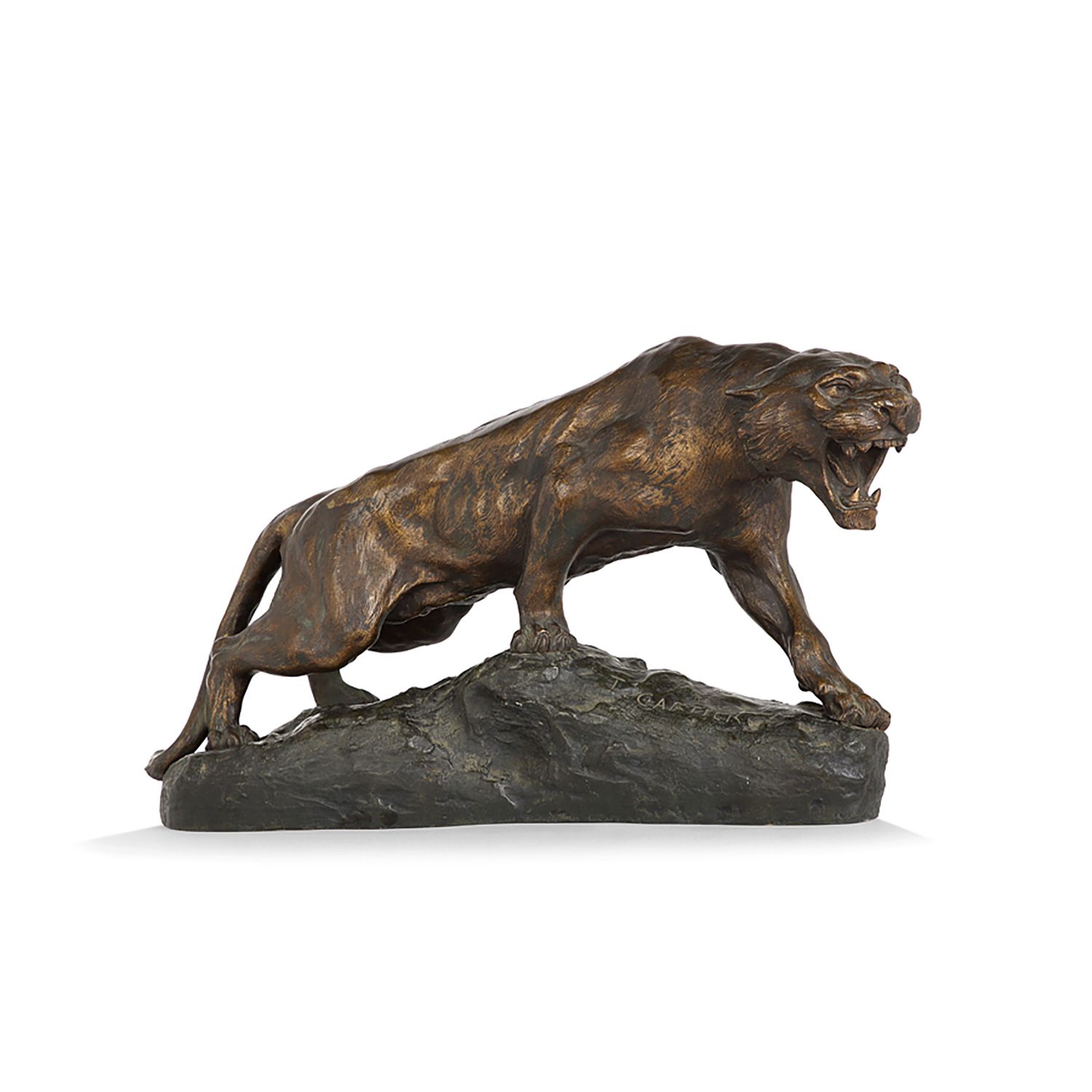 Null 托马斯-卡地亚(1879-1943)

火烧老虎

青铜色，带有对比强烈的棕色铜锈

在露台上签名

带棕色铜锈的青铜器；已签名

高度。27,5 c&hellip;