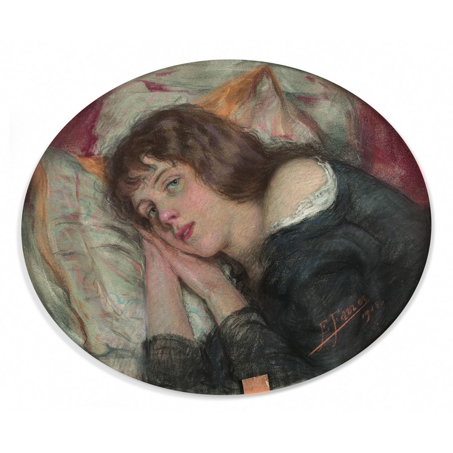 Null 欧仁-法维耶 (巴黎 1860 - ? 1942)

少女休息时

椭圆粉彩

右下方有签名和日期：E.Favier / 1918年



年轻女孩在&hellip;