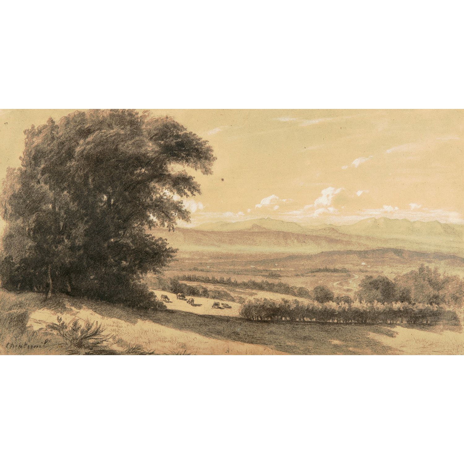 Null ƒ ANTOINE CHINTREUIL (1814-SEPTEUIL, 1873)

牛山风景

黑色铅笔和白色粉笔高光

左下方有签名

染色剂
&hellip;