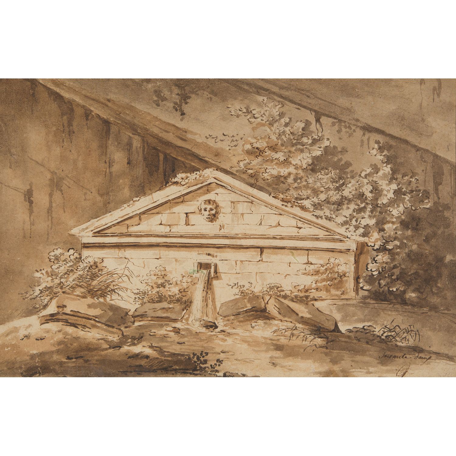 Null 归属于皮埃尔-勒鲁（巴黎，1741-1810）的作品

仿古喷泉

钢笔和棕色墨水，黑色铅笔线条上的棕色和灰色水洗

右下角注有 "Soixante-&hellip;