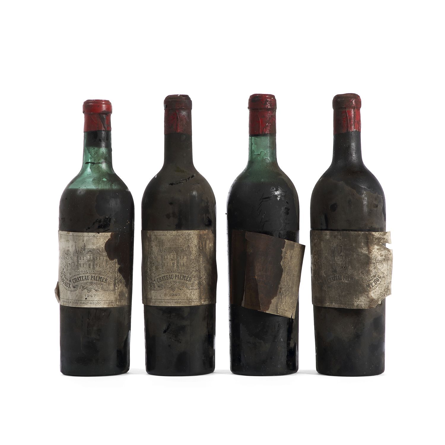 Null 4 Flaschen Château PALMER, 3° cru Margaux 1947 ETA, 1 Low Neck, 1 LB, 1 B, &hellip;