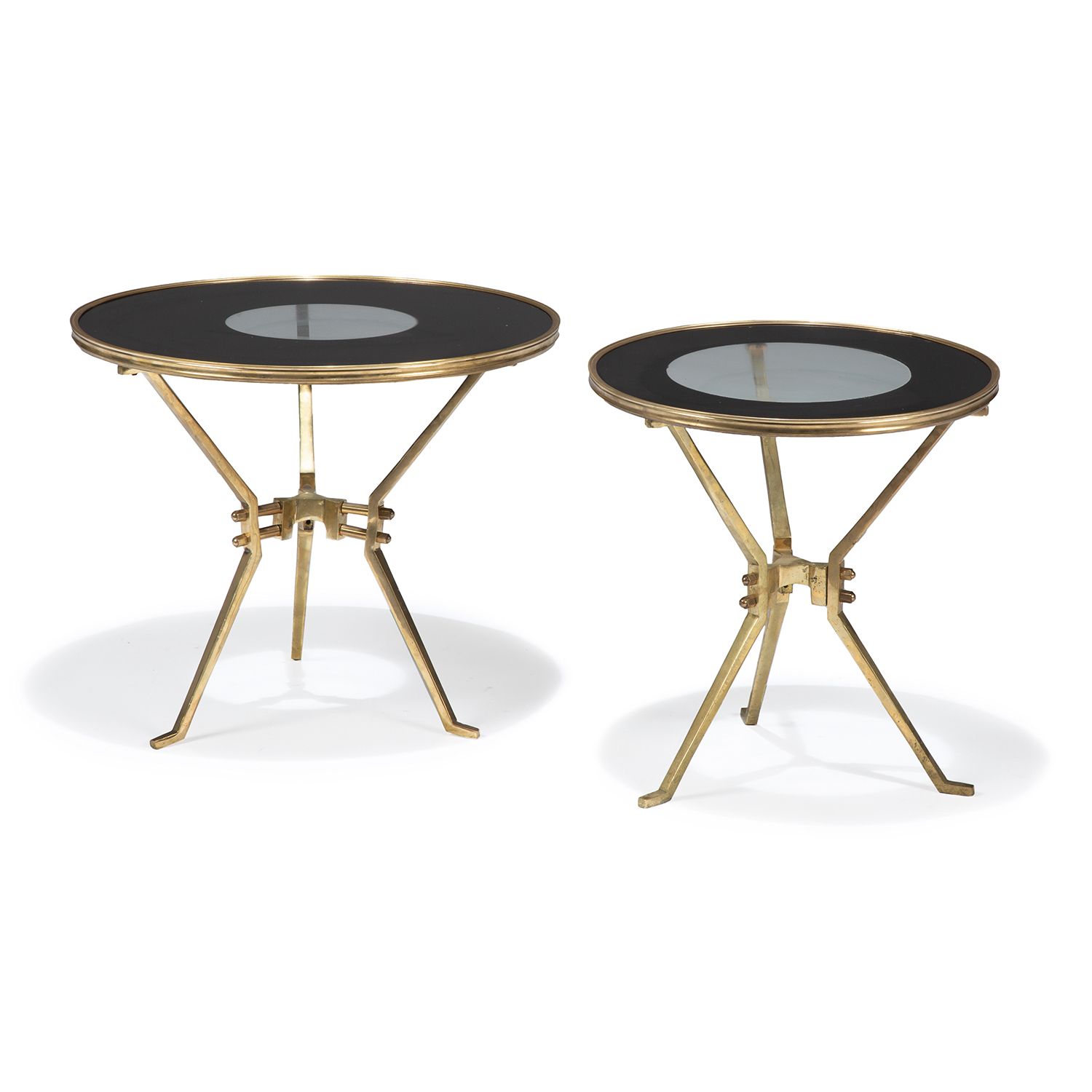 Null 1970's Set of two circular side tables, bronze, tripod base joined in the m&hellip;