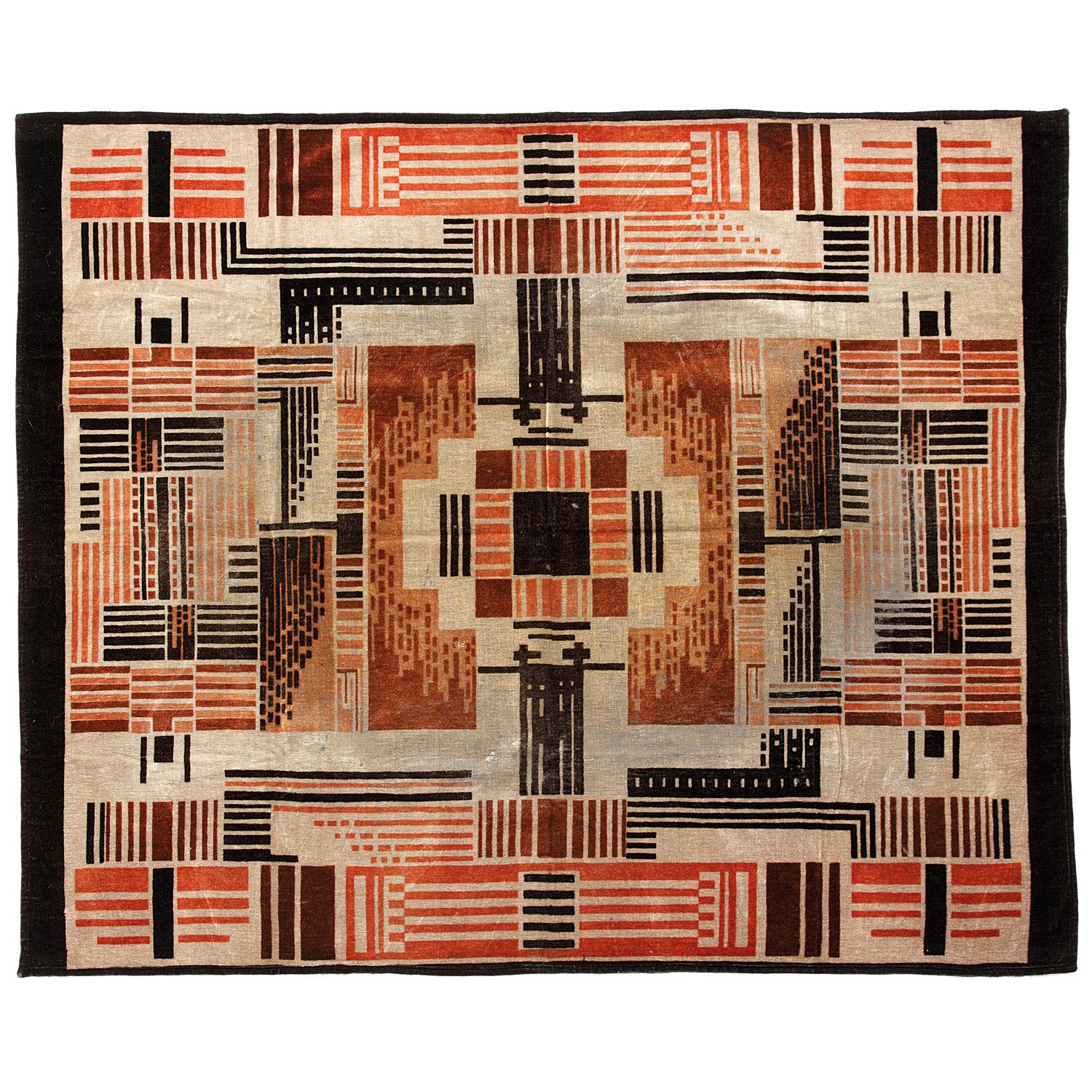 Null 阿姆斯特丹学派 一块多色天鹅绒编织的麦加地毯，在深米色的背景上形成了曙红、棕色、黑色和赭石色的几何构图。<A mecanic carpet, poly&hellip;