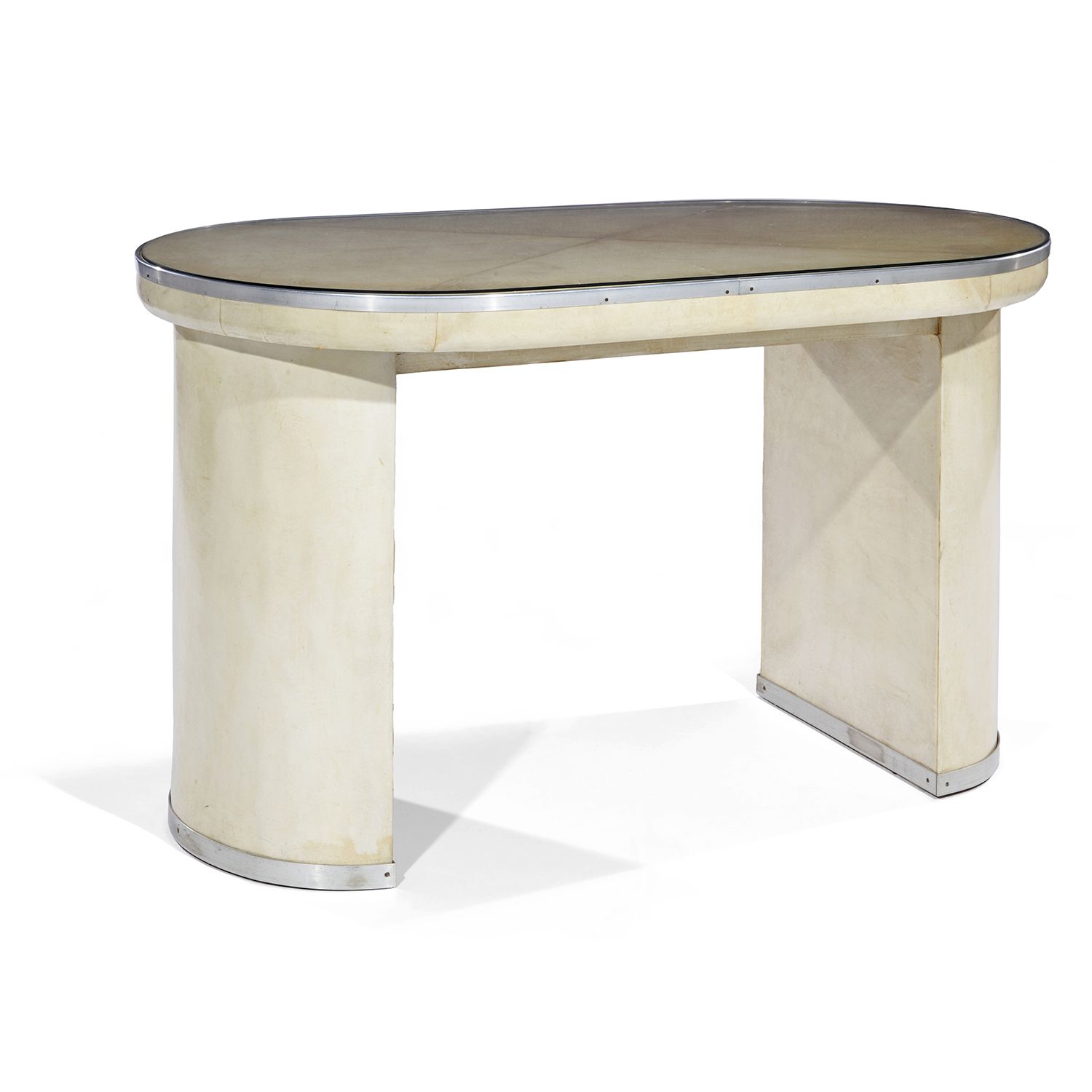 Null 1930'S

椭圆形的小书桌，木质结构上覆盖着羊皮纸，底座和腰带上衬有铝条，玻璃桌面。

一张书桌，木质结构，用羊皮纸包裹，铝条，玻璃顶。

高76&hellip;