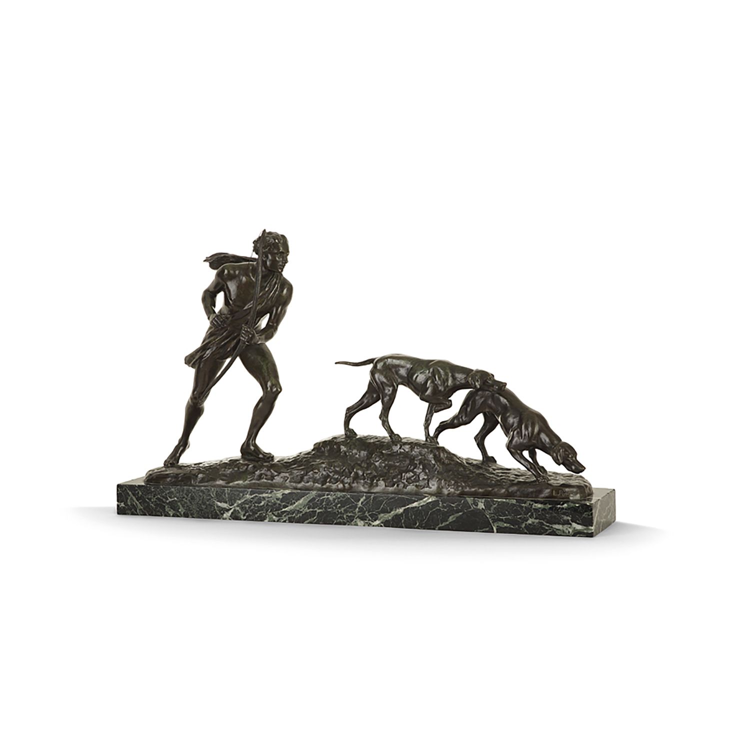 Null 路易斯-里耶（1877-1949

"带弓的猎人和他的狗"，青铜版画，有绿色的铜锈，勋章和无烟煤。平台上有艺术家姓名的刻印签名。海绿色大理石的长方形底&hellip;