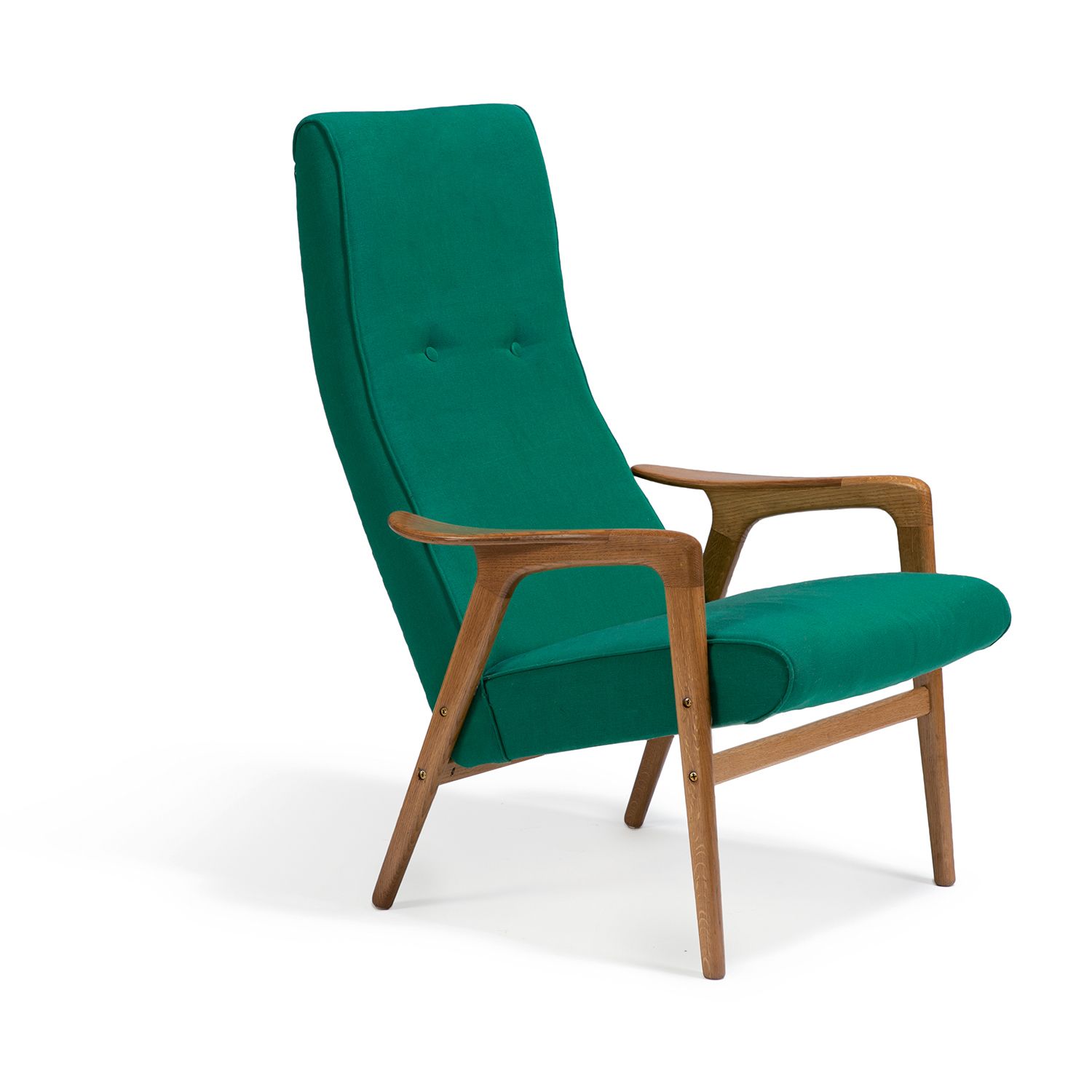 Null 1950'S

A varnished beech wood armchair, green fabric upholstery.

A varnis&hellip;