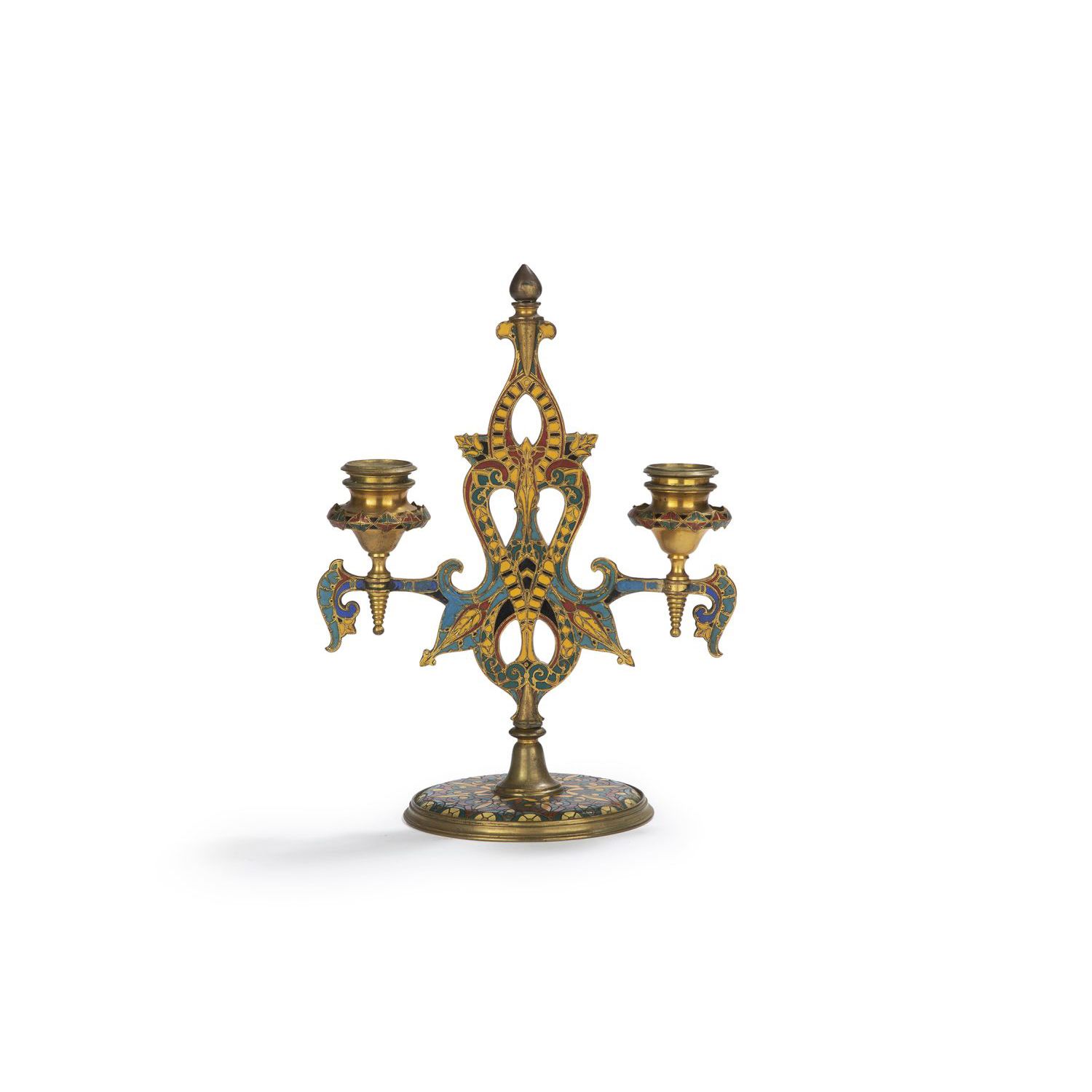 Null 费迪南-巴比安(1810-1892)&巴比安(创始人)

景泰蓝铜制东方烛台，多色珐琅装饰，有两个光臂。印章 "F.Barbedienne"。(修复)&hellip;