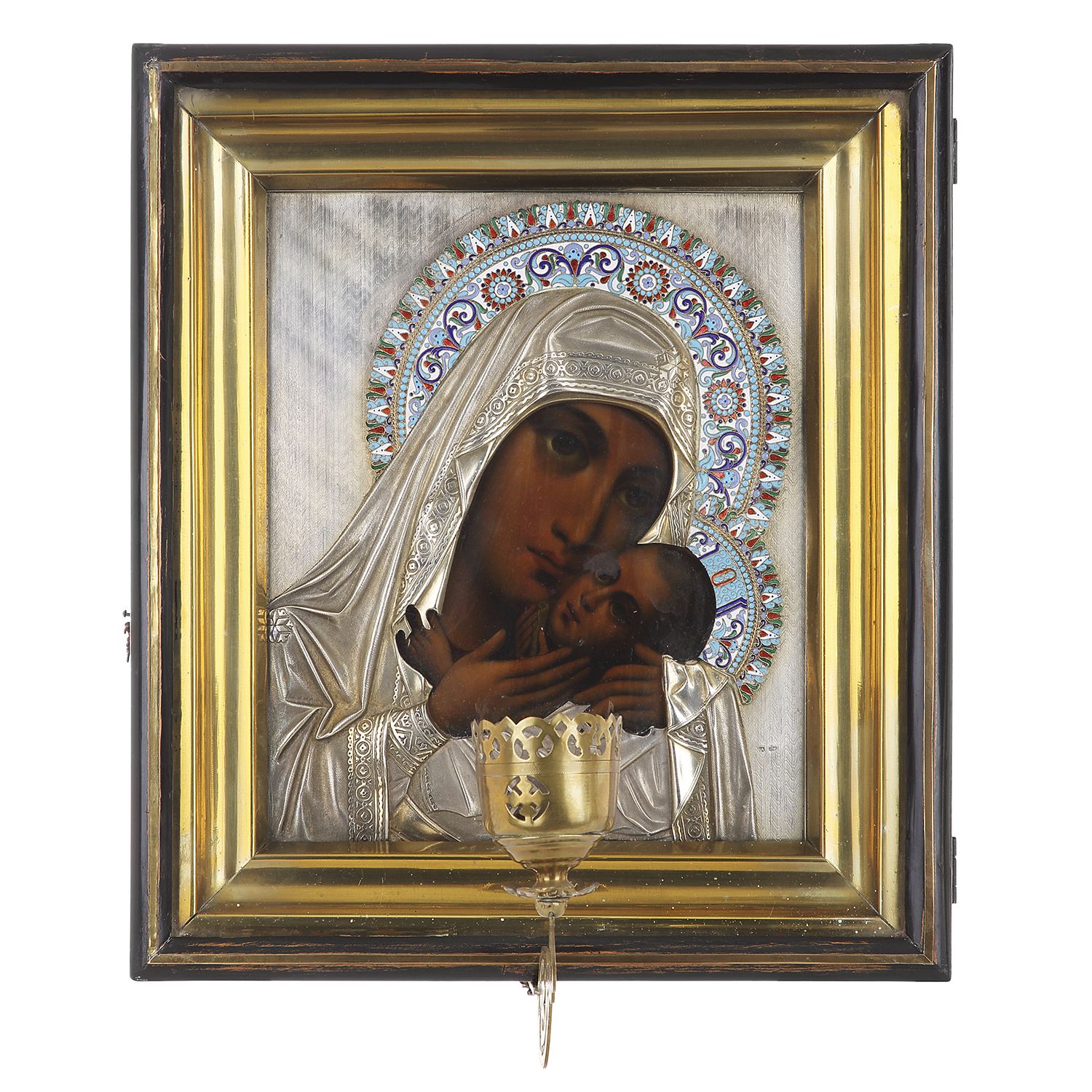 Null 莫斯科，1899-1908，温柔的圣母像

木板上的铜版画，在银色的Riza下，顶部是掐丝多色珐琅的Oclade，保存在原来的kiote中，还有它的灯&hellip;
