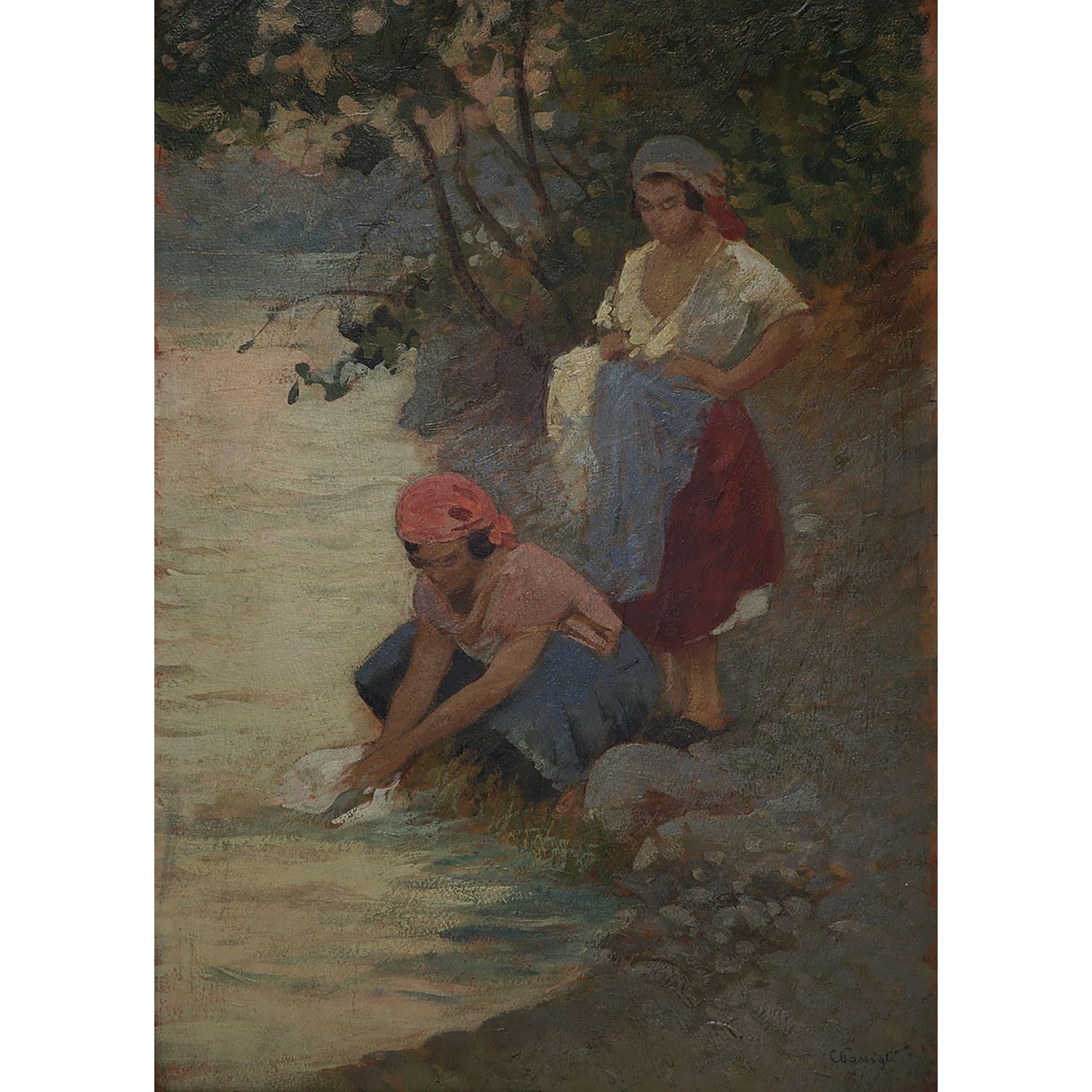 Null CARLO PASSIGLI (1881-1953) 

THE WASHERWOMEN 

Oil on cardboard 

Signed on&hellip;