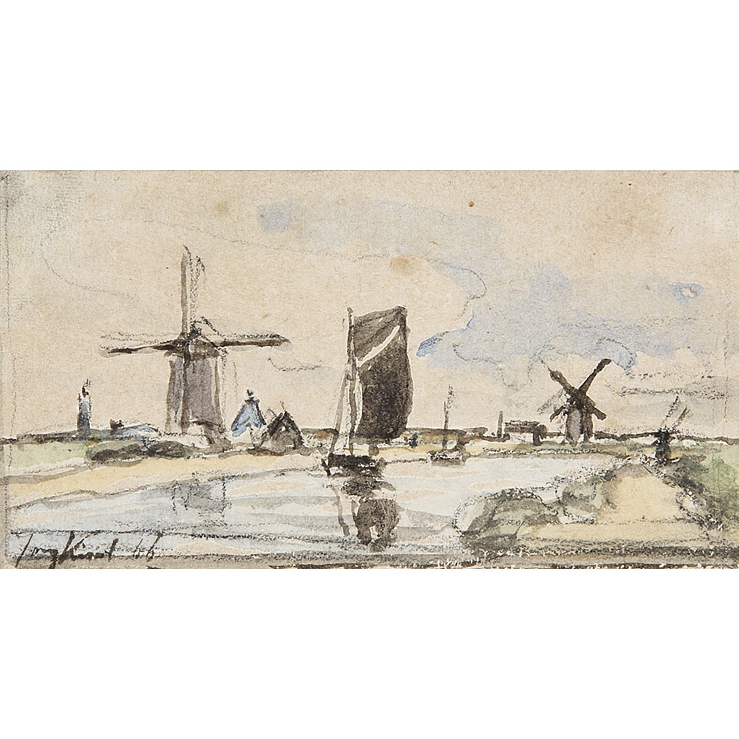 Null 约翰-巴托尔-琼金德(1819-1891)

帆船和磨坊，1866年

纸上水彩画

左下方有签名和日期 "66"。

纸上水彩；左下方有签名和日期 &hellip;