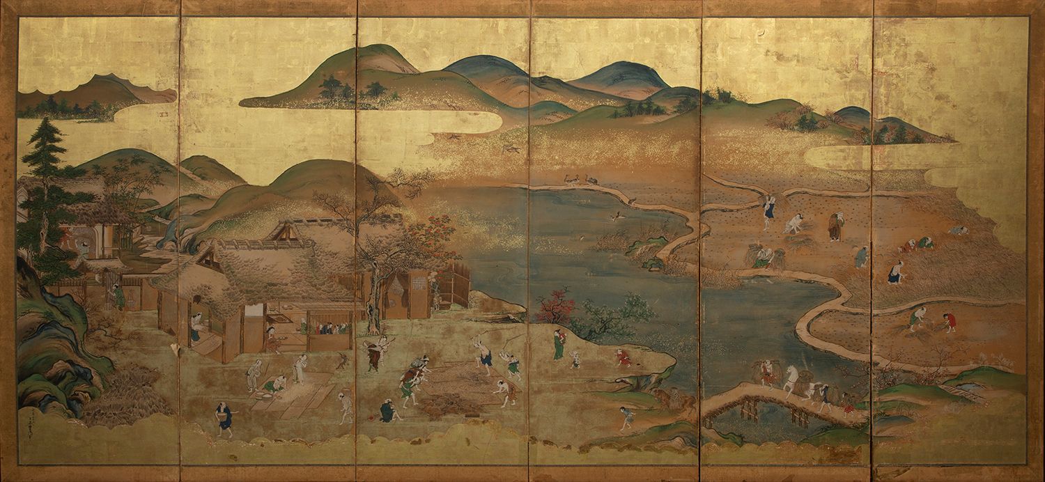 Null SIX-LEAF BYOBU SCREEN 

painted in polychrome on paper with a gold leaf bac&hellip;