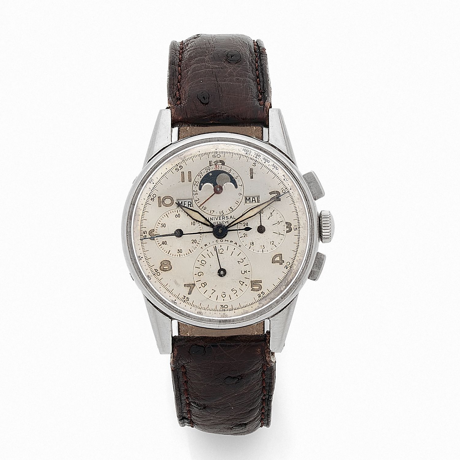 Null UNIVERSAL GENEVA
TRI-COMPAX. REF. 22258.
CRAFT 1945
Steel bracelet watch on&hellip;