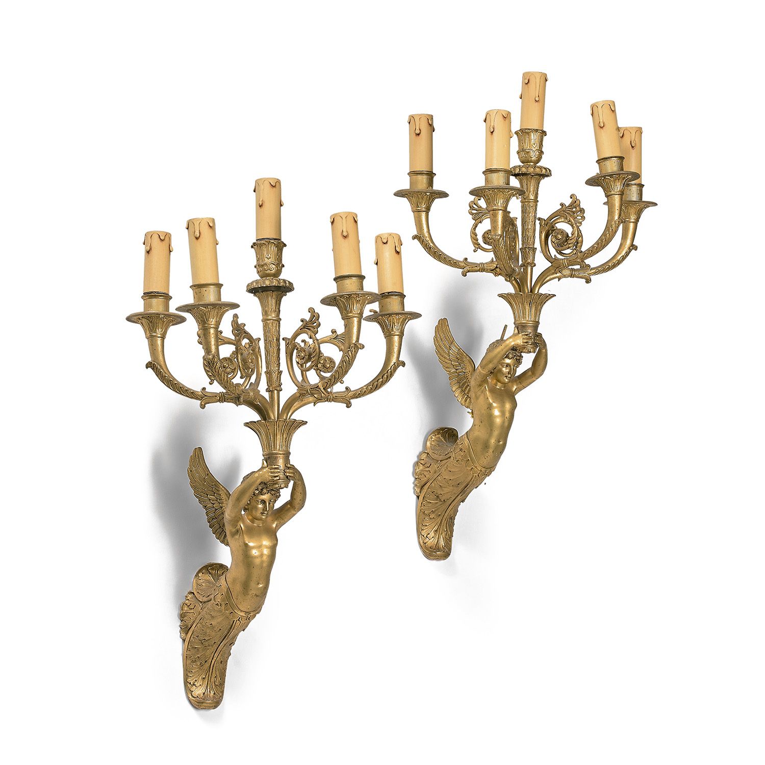 Null PAIR OF SCONCES WITH ANGELS IN ACANTHUS LEAFY TERM, BY PIERRE CHIBOUT, END &hellip;