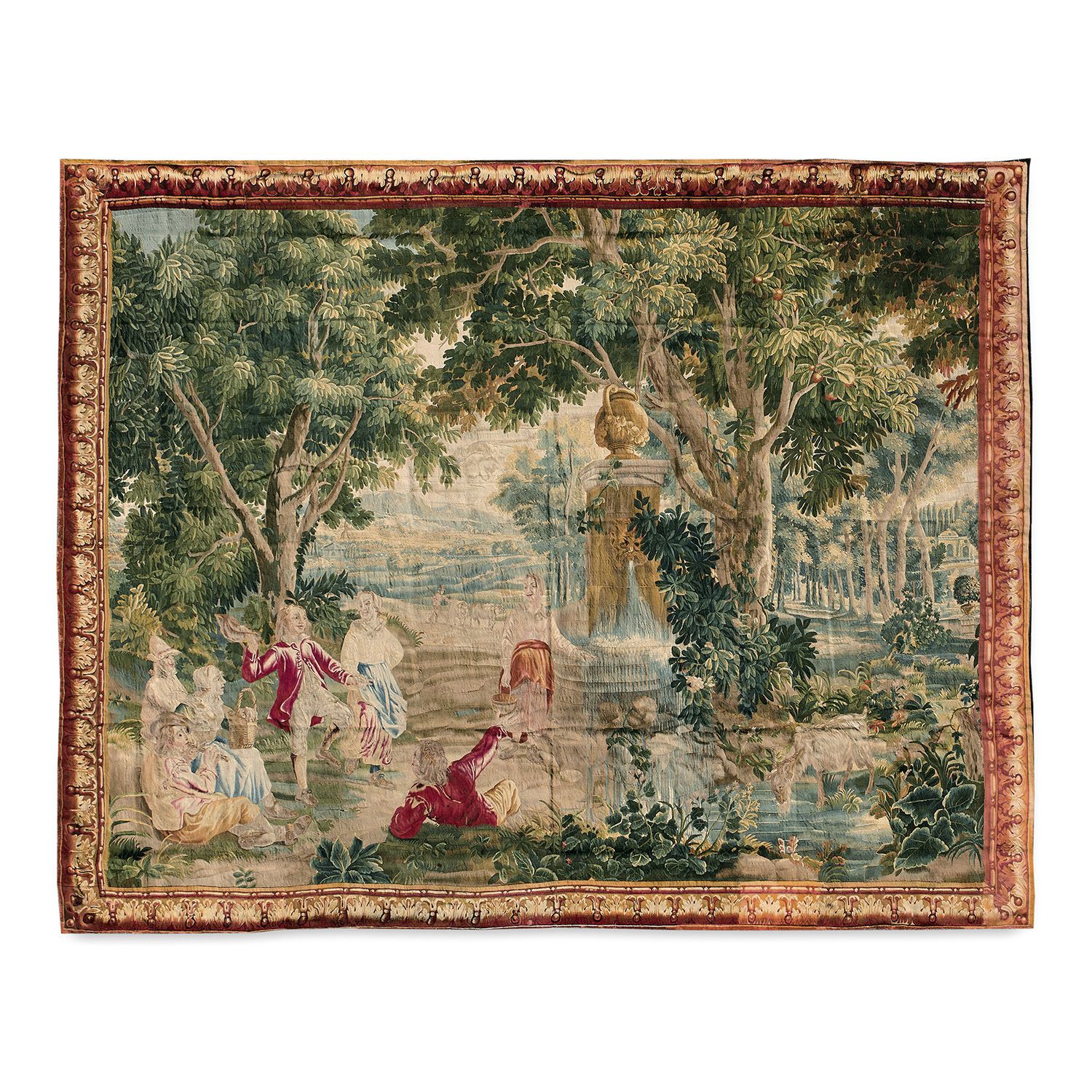 Null 遵循TENIERS，织物，羊毛和丝绸，布鲁塞尔，18世纪 
"农民在喷泉边跳舞的田园风光"，其边框为花纹框架 
(右边边框折叠，修复，颜色鲜艳） 
一&hellip;