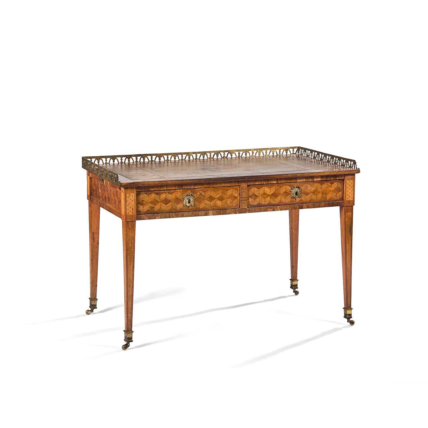 Null 路易十六时期的平面书桌 
这张书桌是由缎面木、玫瑰木和黄木单板制成的，上面有一个绿色色调的立方体镶嵌。它的一侧有两个模拟的抽屉，另一侧有两个抽屉。它的&hellip;