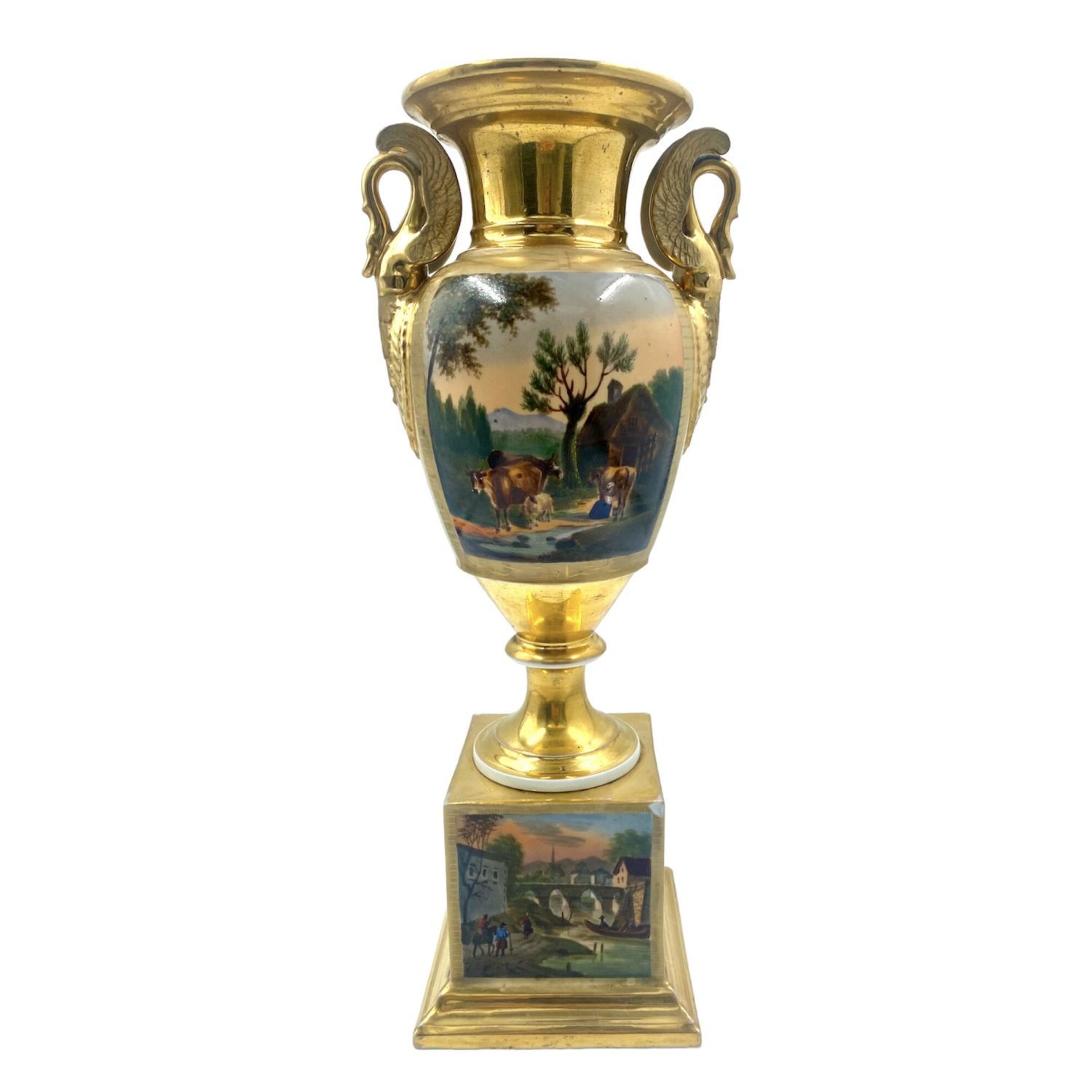 Null Vaso in porcellana su piedistallo, Parigi, XIX secolo
decorato con paesaggi&hellip;