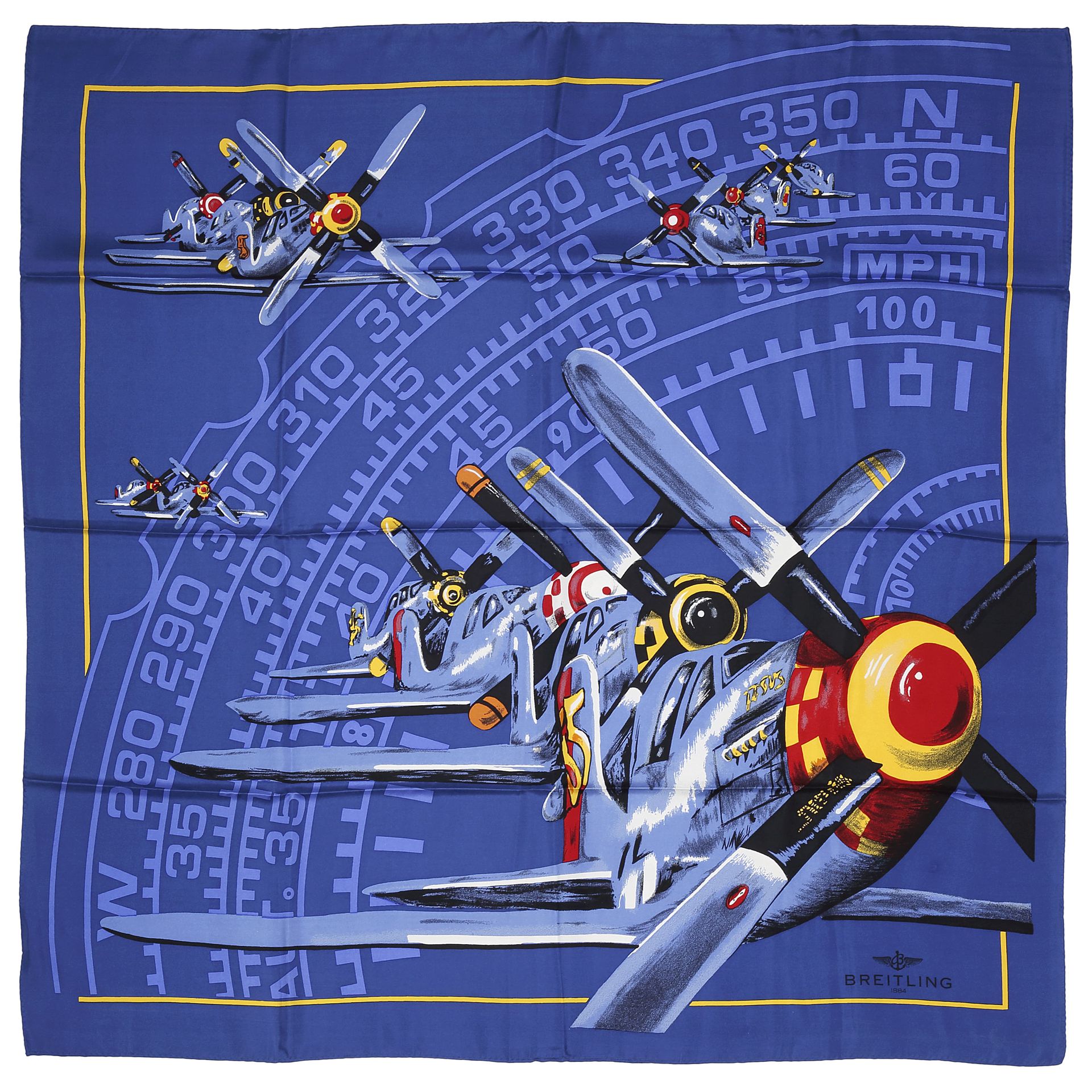 Null BREITLING,
Foulard en soie bleu à décor d'avions dans les tons de rouge et &hellip;