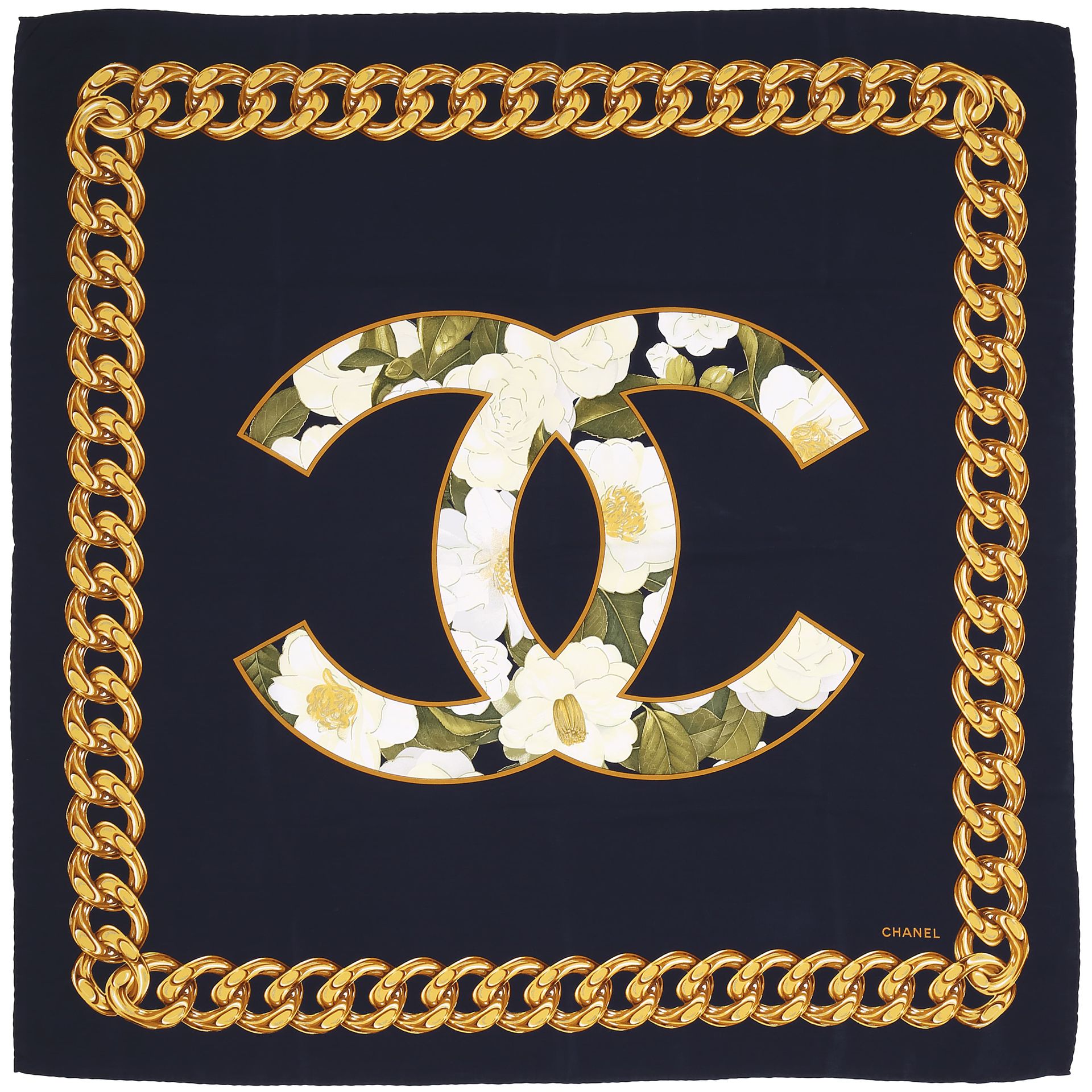 Null CHANEL,
Silk scarf with a navy background, signed with the CC of the House &hellip;