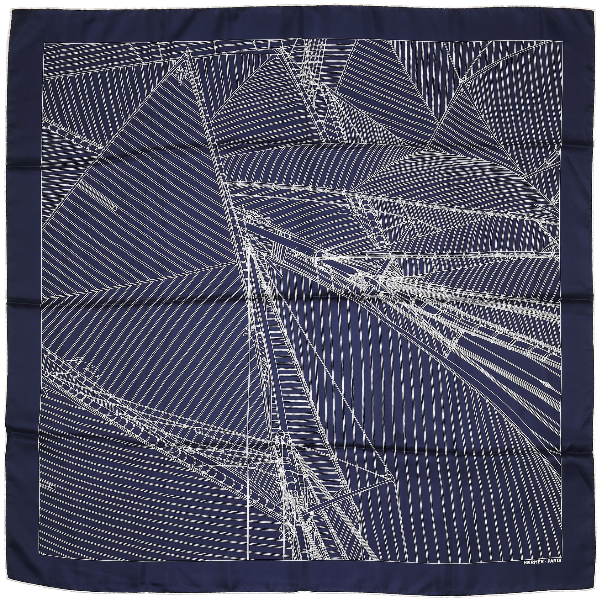 Null HERMÈS,
Silk scarf "Vent Portant II" with navy blue background and white ve&hellip;