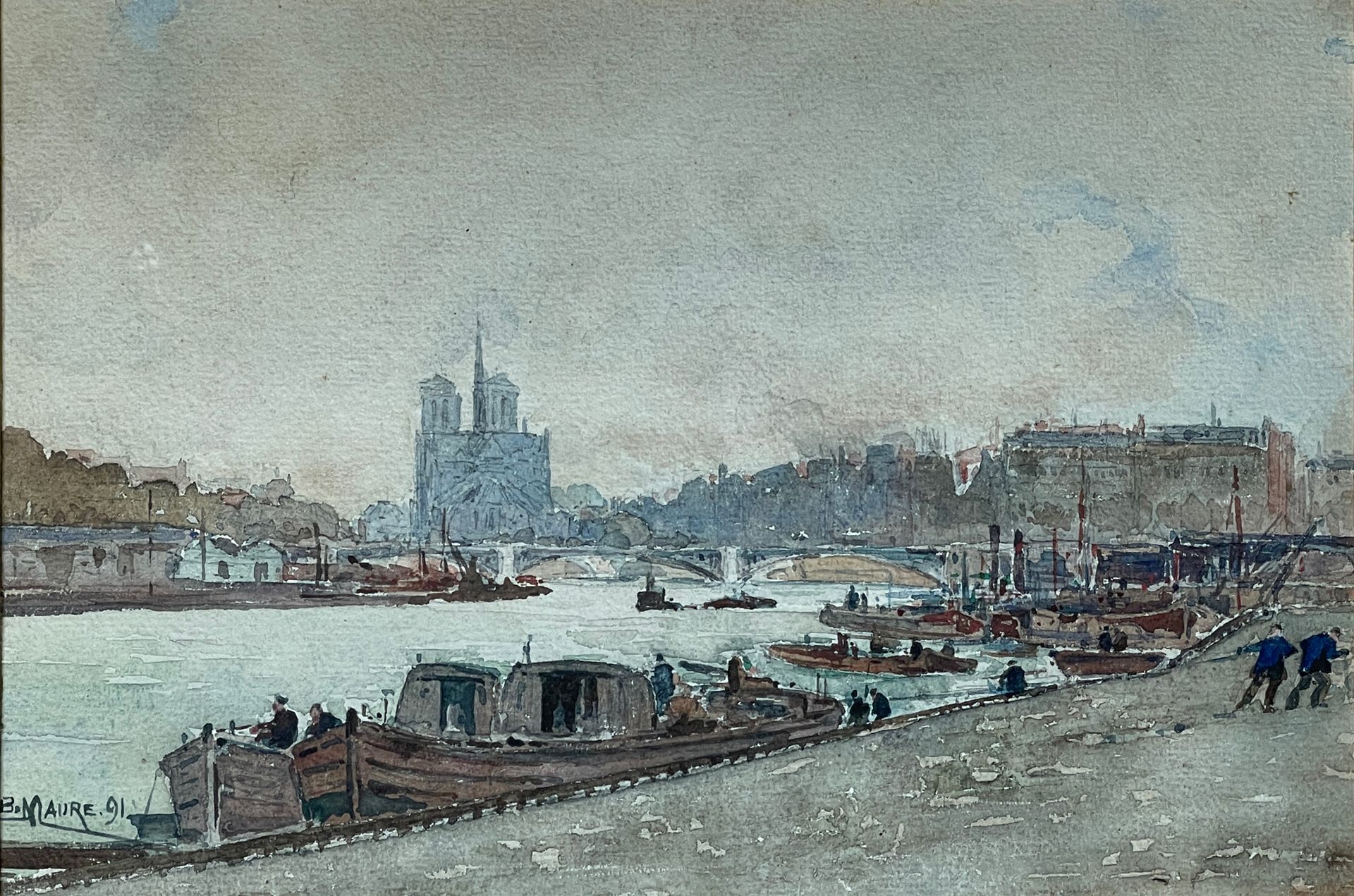 Null 十九世纪法国学校
从苏利桥看巴黎圣母院大教堂
水彩画
签名 "B.MAURE"，左下方有 1891 年的日期
A vue ：
19 世纪法国画派，巴黎&hellip;