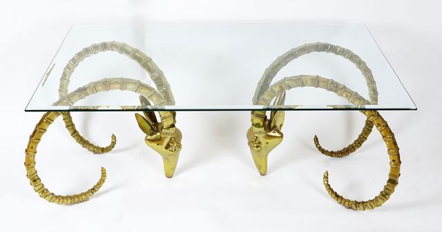 Null Coffee table, brass base formed by two heads of antelopes or rams. The redc&hellip;