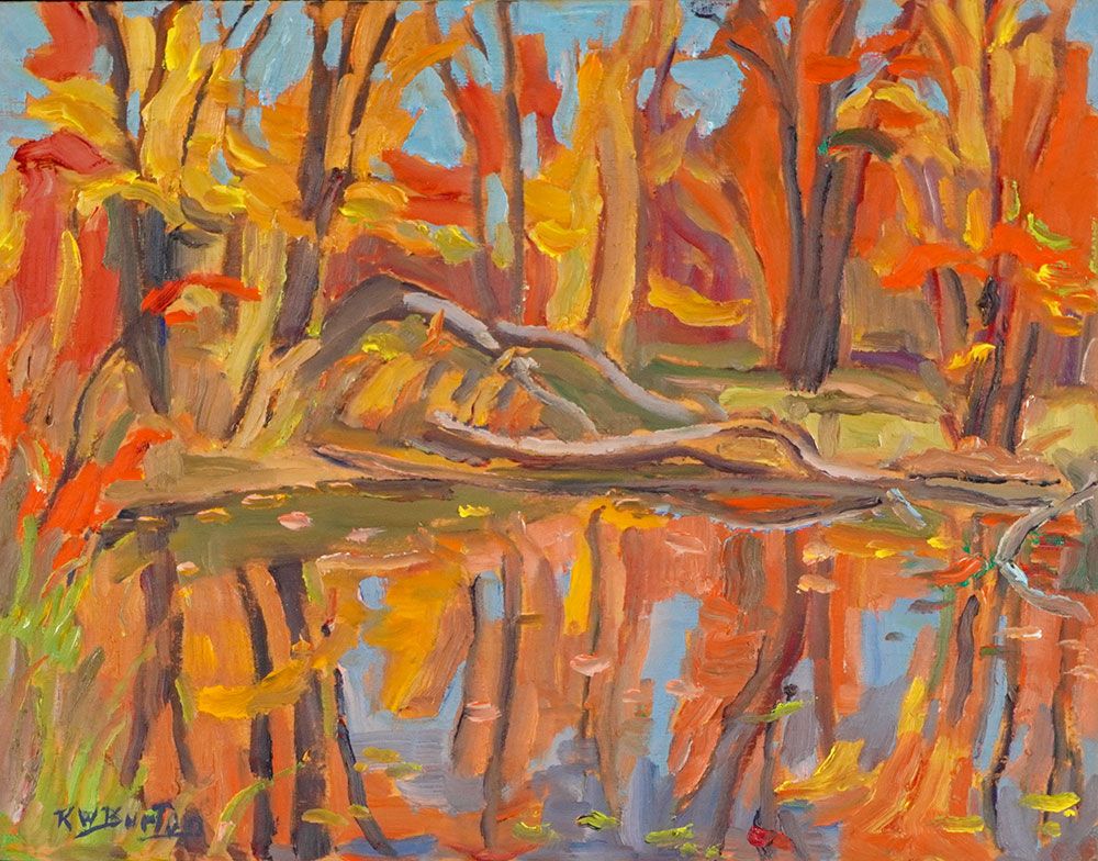Null BURTON, Ralph Wallace (1905-1983)
"北高尔河边的池塘里的倒影--史密斯瀑布，安大略。
板上油彩
左下方有签名：R.W&hellip;