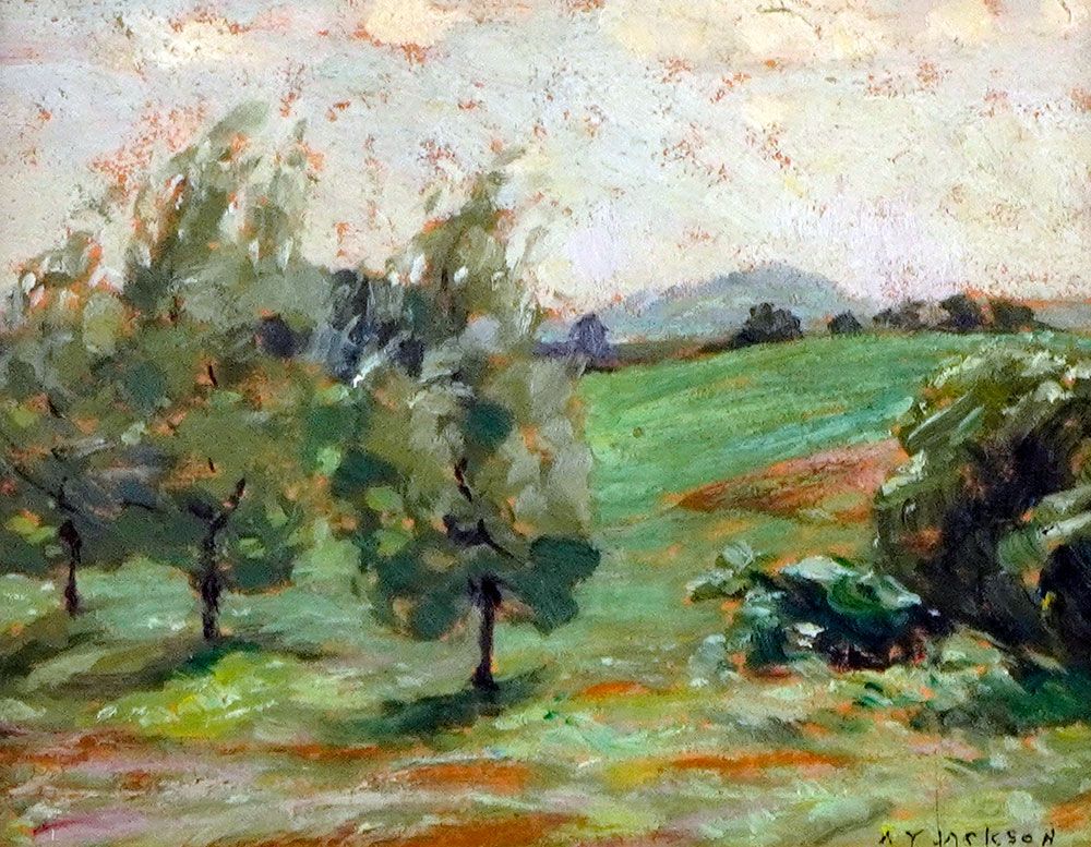 Null JACKSON, Alexander Young (1882-1974)
有山的风景（反面：池塘边）
板上油彩
右下方有签名：AY Jackson
背&hellip;