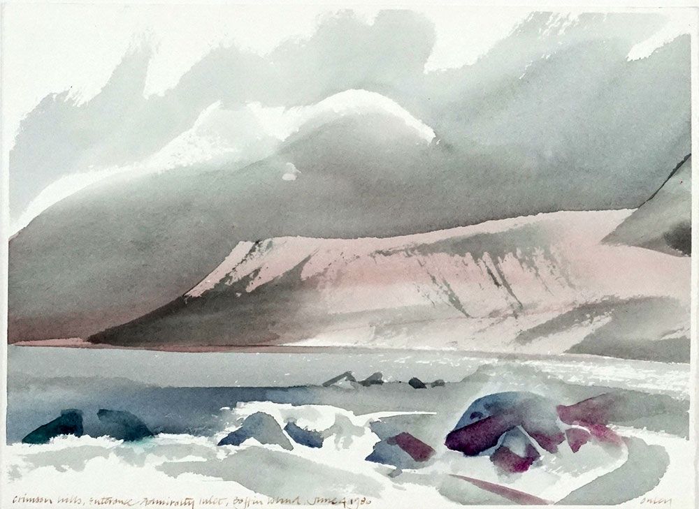 Null 安利，诺曼-安东尼奥（托尼）（1928-2004）。
"深红色的山丘，入口处，巴芬岛的海军司令部湾口，巴芬岛
纸上水彩画
右下角有签名：Onley
左&hellip;
