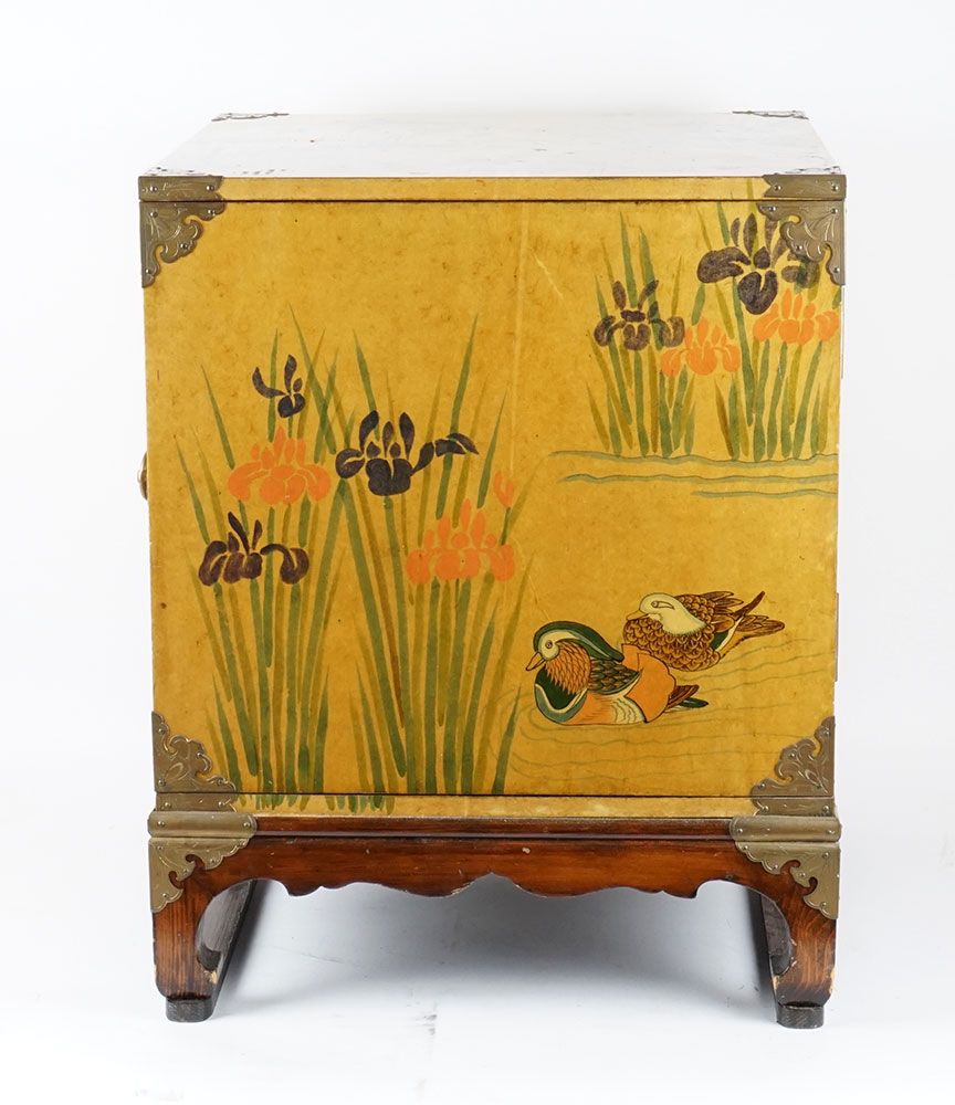 Null 明治时期/明治时期 

彩绘木盒，绪方古仁风格，有鸢尾花和鸭子的装饰。 
日本，明治时期

总高度：58.5厘米或23英寸。