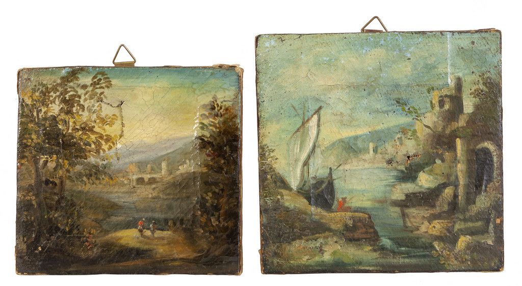 DIPINTO 古老村庄的一瞥》两幅油画，19世纪
，尺寸为11x18和11x19厘米。