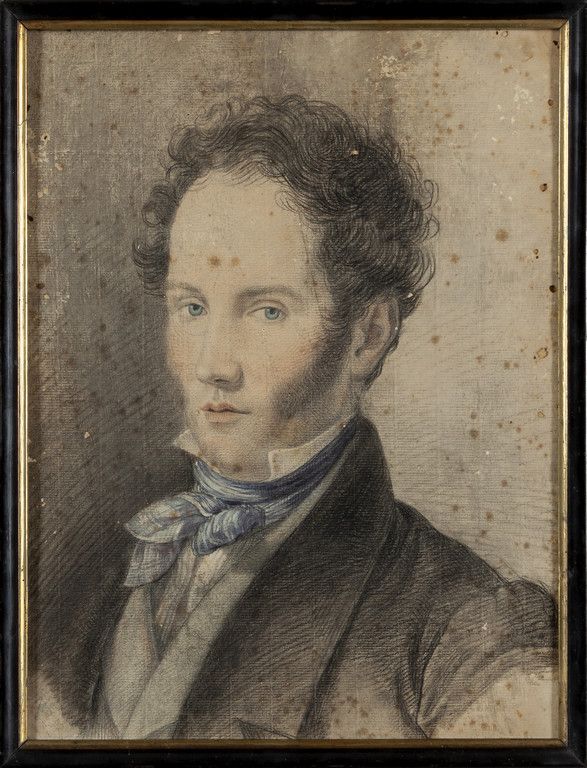 DISEGNO Gentleman with blue eyes' drawing pencil and watercolour early XIXth cen&hellip;