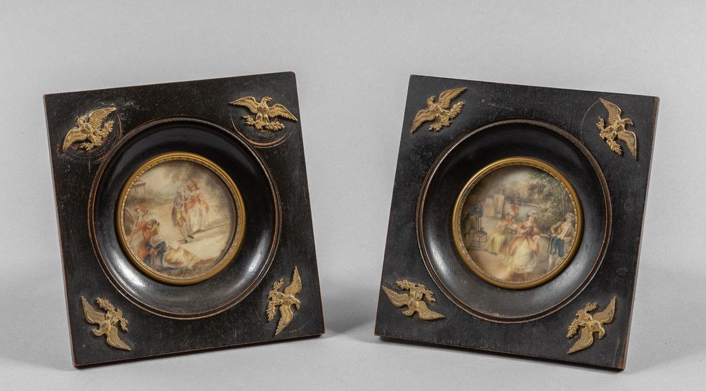 OGGETTISTICA Pair of miniatures depicting garden parties ebonized wood frames wi&hellip;