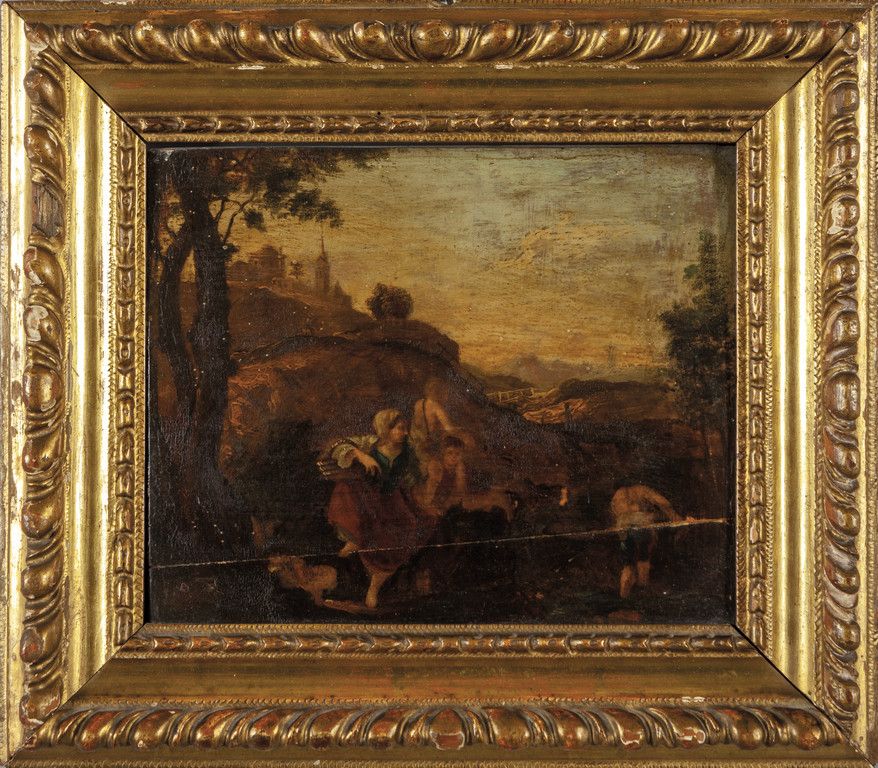 DIPINTO 佛兰德学校十七世纪(Cornelis van Poelenburgh)的 "乡村场景 "板上油画
，20 5x16 5厘米。