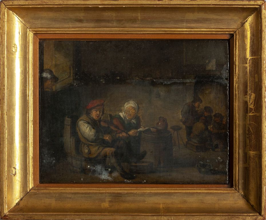 DIPINTO École flamande XVIIIe siècle "Intérieur d'une taverne" huile sur carton
&hellip;
