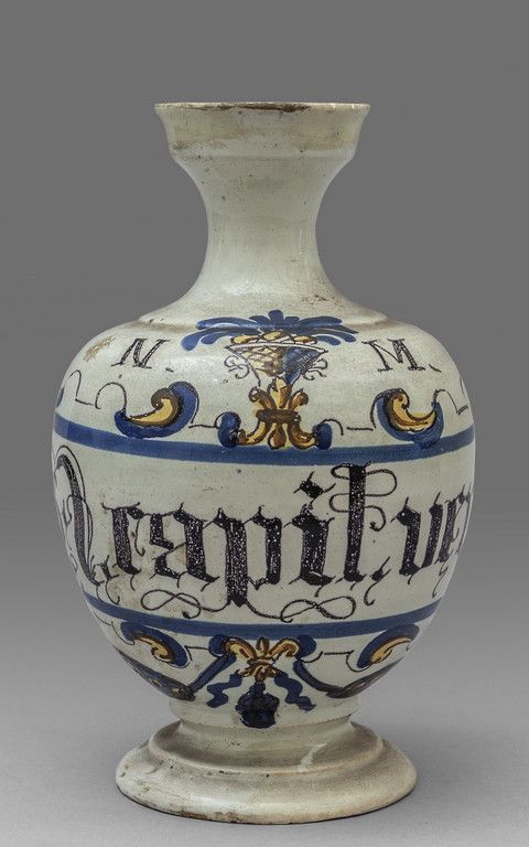 Bottiglia in ceramica decorata in policromia con 多色装饰药用题词陶瓷瓶，巴萨诺 18世纪
h.Cm.23
