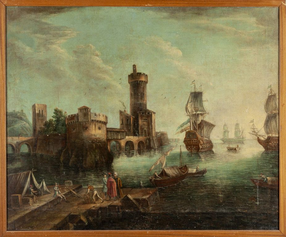 Scuola veneta sec.XVIII "Paesaggio marino con 18世纪威尼斯画派 "有商人的海景 "油画
cm. 97x120