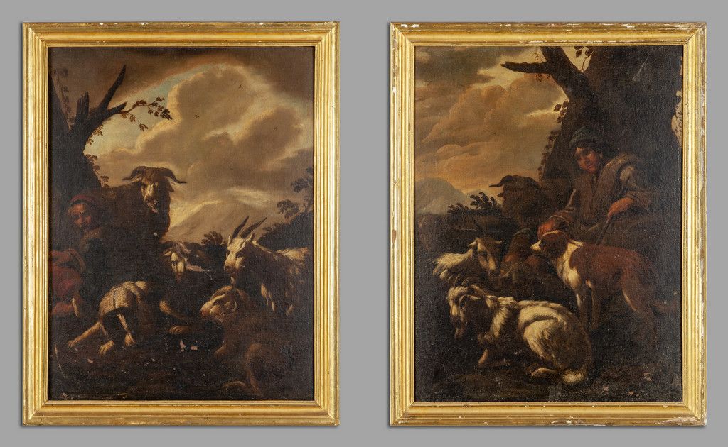 Scuola napoletana sec.XVIII "Paesaggi animati" 那不勒斯画派18世纪 "动画风景 "一对油画，当代雕刻和镀金木框
&hellip;