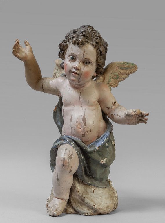 Angioletto in legno intagliato e laccato in 雕刻和多色漆的木质天使，18世纪
h.Cm.42