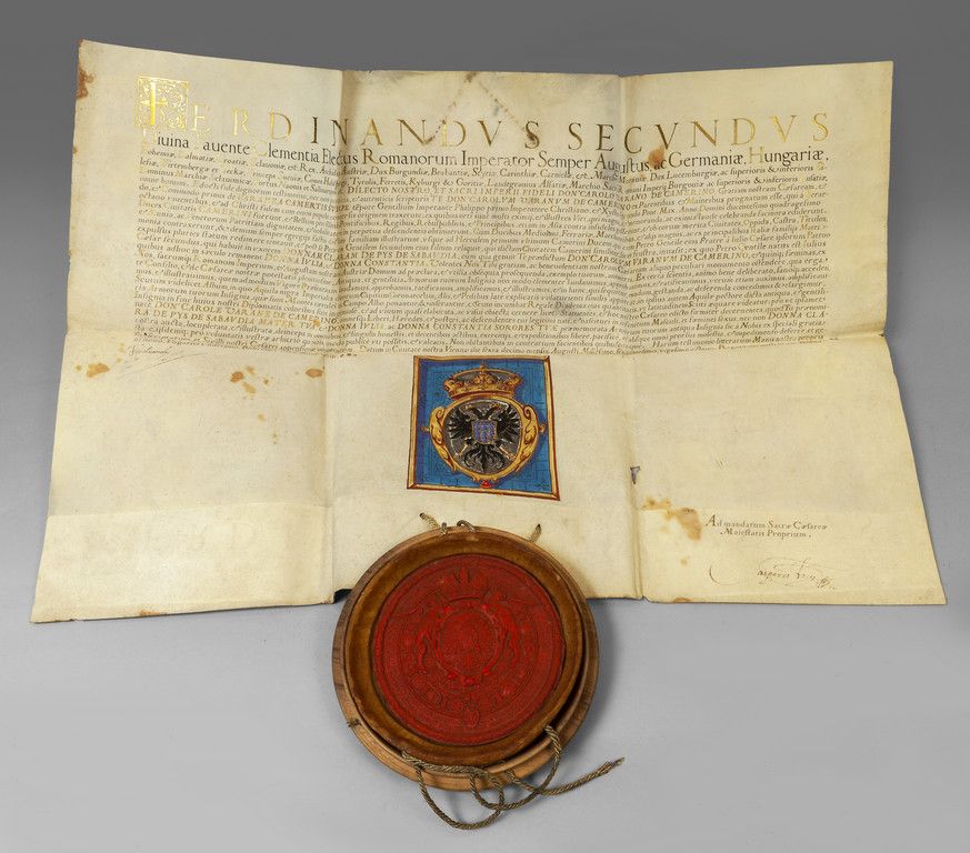 Grande ceralacca da investitura entro il suo 装在木箱中的大型遗产封蜡，附有一张由斐迪南二世编辑的、日期为1624年&hellip;