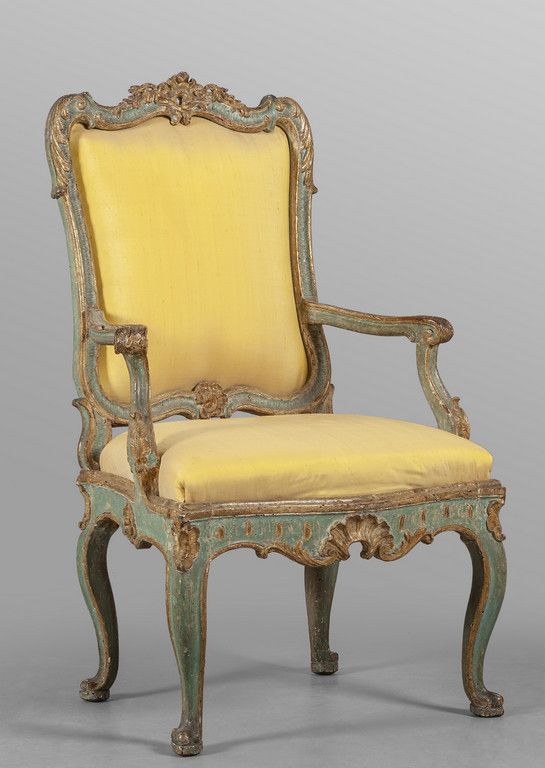 Poltrona Luigi XIV in legno finemente intagliato 路易十四的扶手椅，精雕细琢的木头，蓝漆镀金的图案，意大利中部，&hellip;