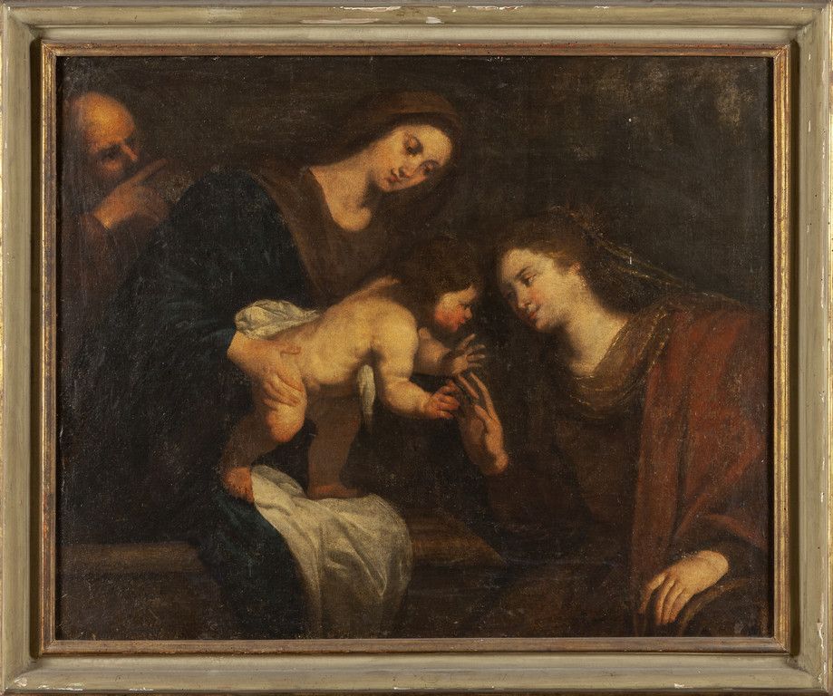 Scuola genovese sec.XVII "Sacra Famiglia con 17世纪热那亚学校 "圣家族与圣凯瑟琳 "油画，古董漆和镀金木框
cm&hellip;