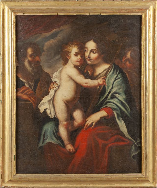 Scuola genovese sec.XVII "Sacra Famiglia" olio, 17世纪热那亚学校 "神圣家族 "油画，古董镀金木框
厘米，97&hellip;
