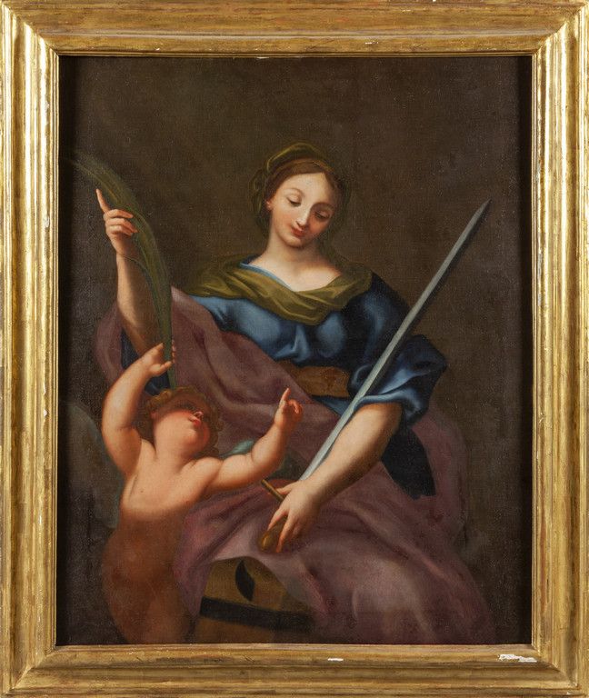 Scuola genovese sec.XVII "Santa Caterina da 17世纪热那亚学校 "亚历山大的圣凯瑟琳 "油画，当代镀金木框
厘米，1&hellip;