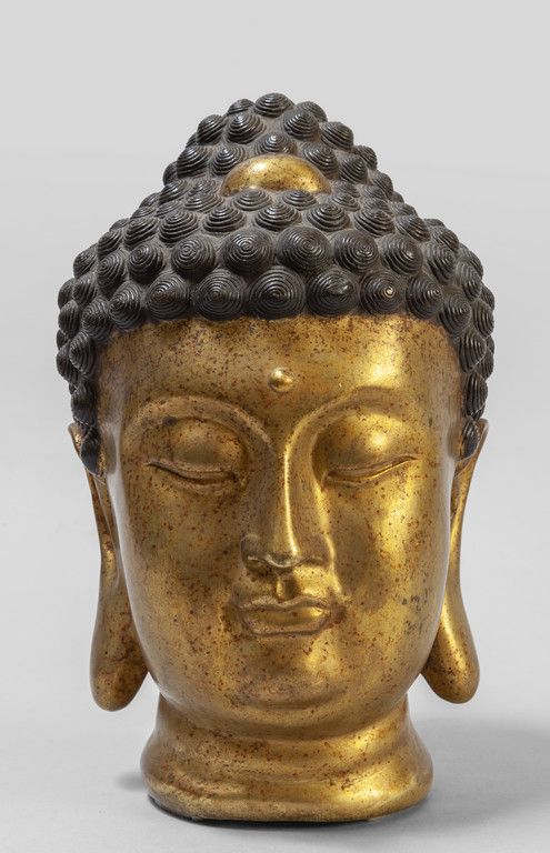 Testa di Buddha in bronzo dorato, Buddha-Kopf aus vergoldeter Bronze, 20. Jahrhu&hellip;
