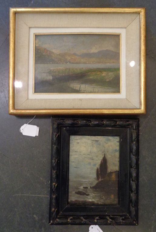 "Cipressi sul lago" e "Barca alla fonda" due "湖边的柏树 "和 "起锚的船 "两幅画