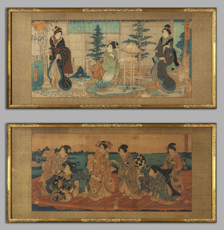 Coppia di stampe con figure orientali, Giappone 一对东方人物版画，19世纪日本
cm. 94x42