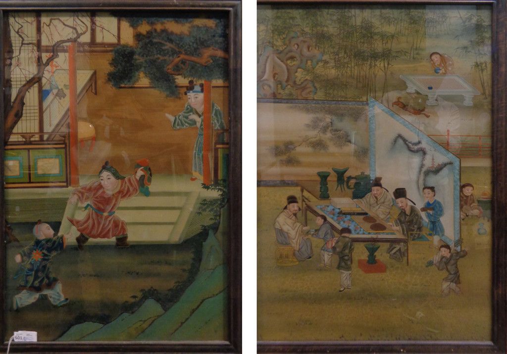 Coppia di dipinti su vetro raffiguranti scene di Paire de peintures sur verre re&hellip;