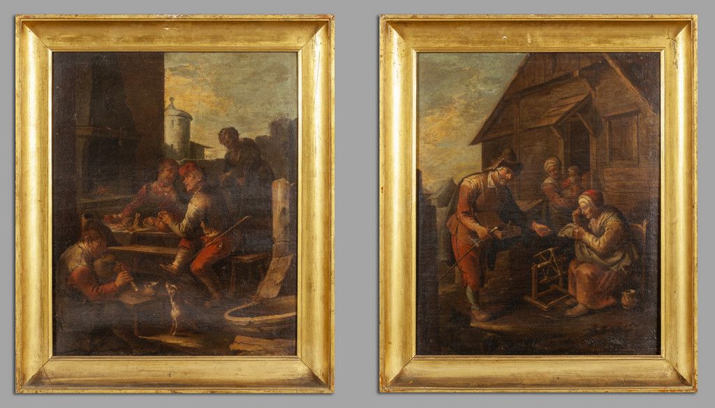 Scuola bergamasca sec.XVII "Scene di genere" 贝加莫画派17世纪 "风景画 "一对油彩
cm.59x72