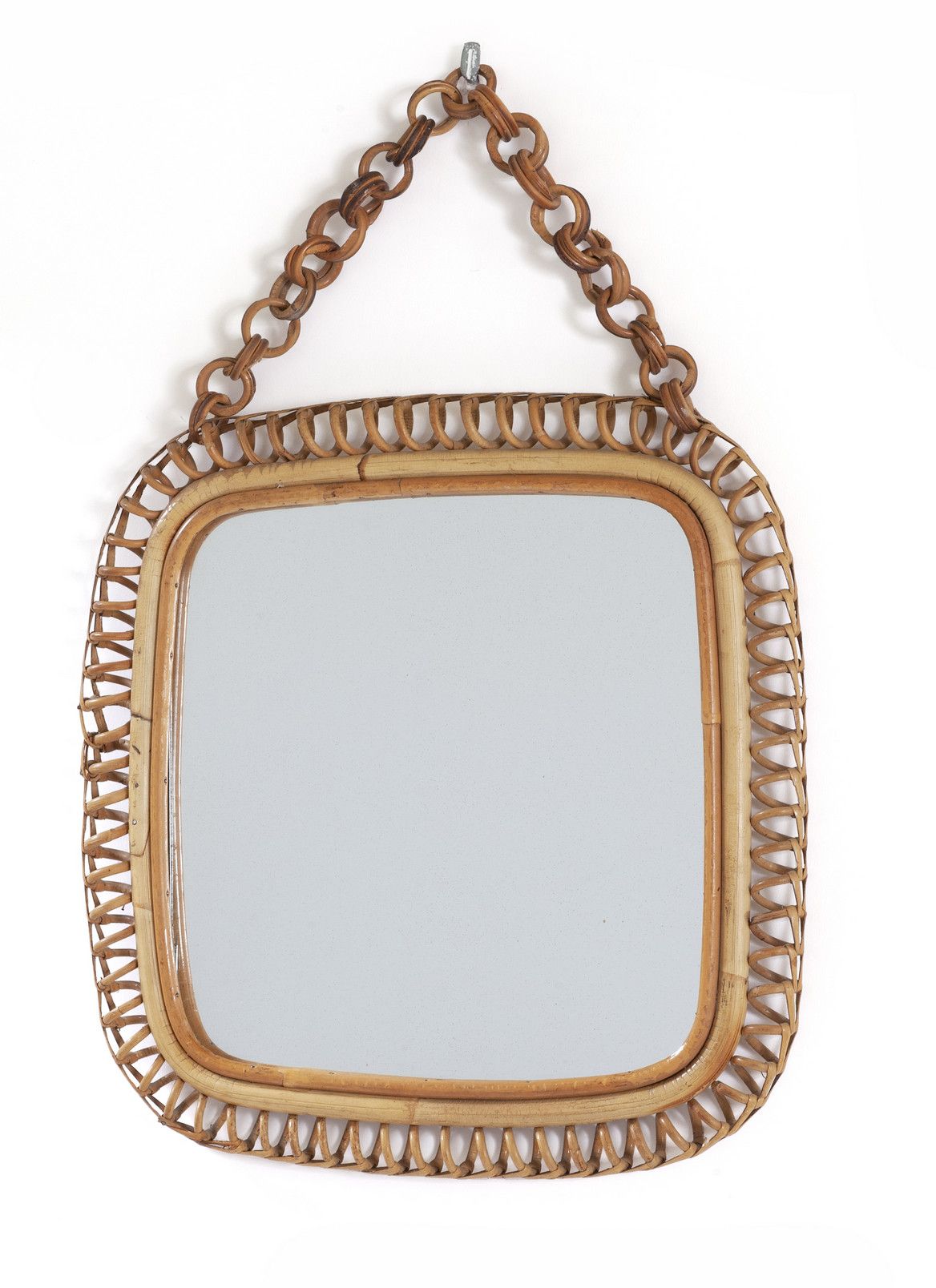 SPECCHIERA A 60's WALL MIRROR. 
Bamboo cane silvered crystal. 
 Cm 47 x 47.